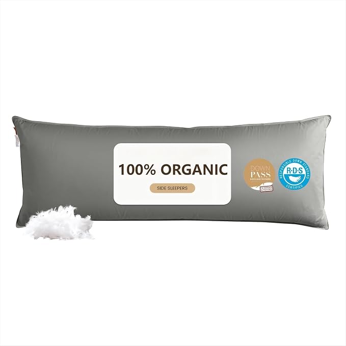 Goose Down Body Pillow for Side Sleeper, Large Body Pillows for Adults, Hugging Feather Body Pillow Insert, Cooling Full Length Long Pillow for Bed with 100% Organic Cotton Shell, (Dark Grey 20"x72")