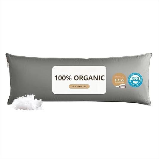 Goose Down Body Pillow for Side Sleeper, Large Body Pillows for Adults, Hugging Feather Body Pillow Insert, Cooling Full Length Long Pillow for Bed with 100% Organic Cotton Shell, (Dark Grey 20"x72")