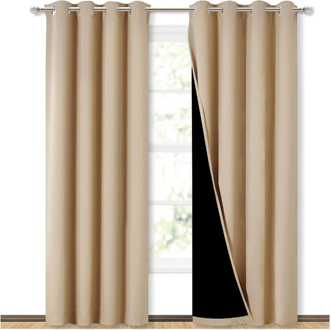 NICETOWN Biscotti Beige Blackout Curtains for Living Room 52" x 84" 2 PCs | Completely Shaded Drapes Curtain Panels, Ring Top Black Lined Insulated Window Treatment, Noise Reducing Privacy Protection