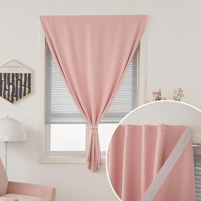 Instant Blackout Window Curtain with Reusable Adhesive, Thermal Insulated Fabric for RV Camper Small Windows, 71" W x 72" L, Pink, 2 Panels