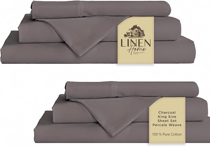 Linen Home 2-Pack King Sheet Set, 100% Cotton Percale Bedding, 8-Piece Value Bundle, Deep Pocket Cooling Bed Sheets for Hot Sleepers, Breathable & Crisp Hotel Quality, Long-Staple Cotton, Charcoal