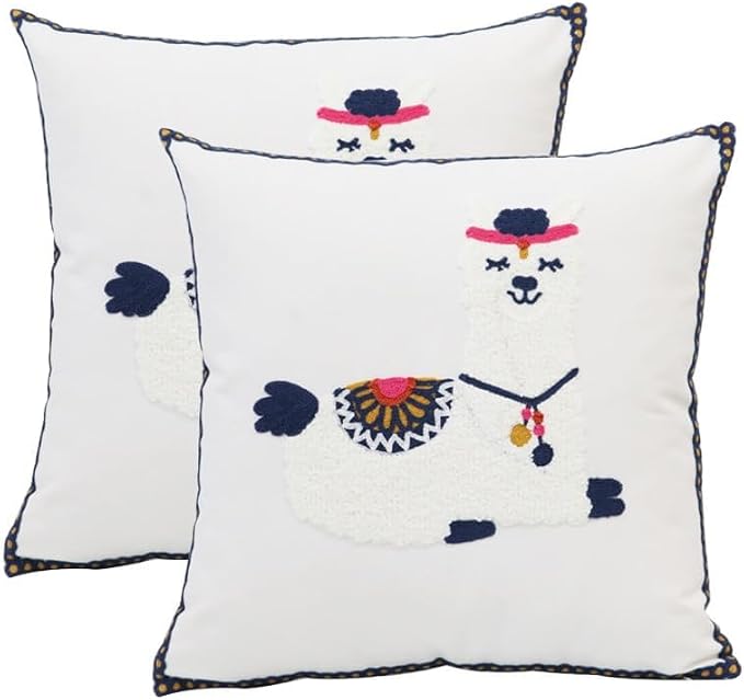 Pack of 2 Embroidered Decorative Throw Pillow Cover 18x18 Inch Farmhouse Floral Pillowcase for Living Room Sofa Bed (Cute Llama)