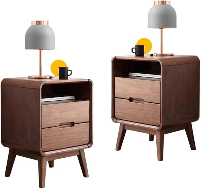 Solid Wood Nightstand Set of 2, Walnut Night Stand with 2 Drawers and Open Storage, Bedside Table for Bedroom, Mid Century Modern Nightstands for Dorm