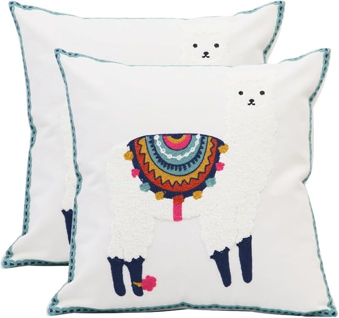 Pack of 2 Embroidered Decorative Throw Pillow Cover 18x18 Inch Farmhouse Floral Pillowcase for Living Room Sofa Bed (White Alpaca)