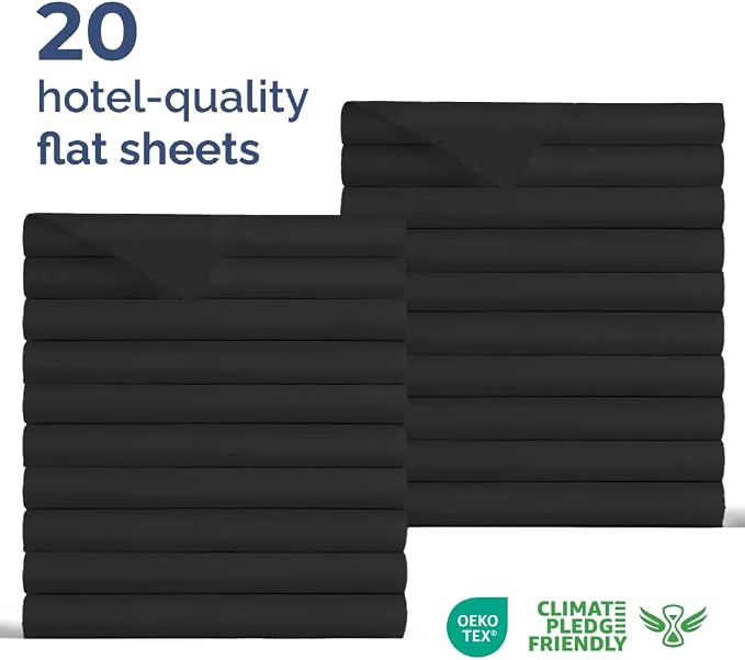 Bulk Case Pack of 20 Flat Sheets - King Size Flat Sheets - Black | Wholesale Bulk Flat Sheets for Hotels, Spas & Airbnbs, Soft, Cooling & Breathable, Wrinkle Free, Fade & Shrink Resistant