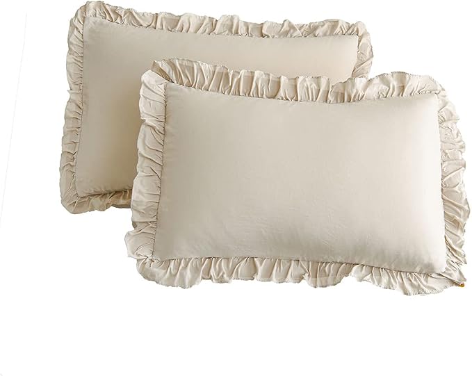Cream King Ruffled Shams - Set of 2, Cute Solid Fringe Design, Beige Grey - Shabby Chic Pillowcases (King, 20''x36'')