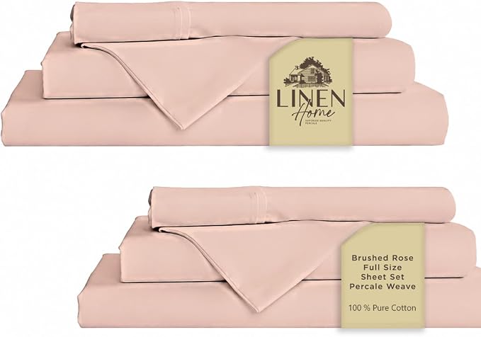 Linen Home 2-Pack Full Sheet Set, 100% Cotton Percale Bedding, 8-Piece Value Bundle, Deep Pocket Cooling Bed Sheets for Hot Sleepers, Breathable & Crisp Hotel Quality, Long-Staple Cotton, Brushed Rose