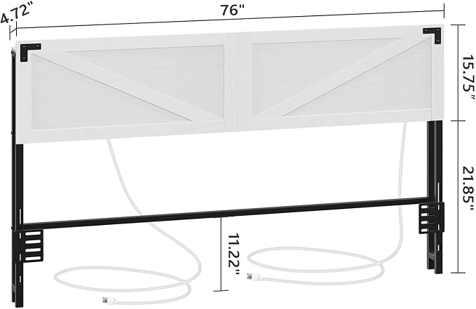 MAHANCRIS King Headboard with Charging Station, LED Light and Storage | Farmhouse Wooden Bed Head with Bed Frame Adapter LED Adjustable Brightness and Color Modes Easy Assembly White
