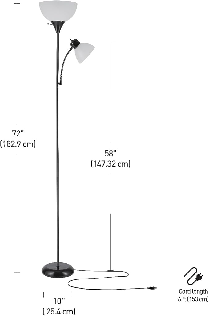 Globe Electric 67135 72" Floor Lamp with Adjustable Reading Light, Bright, Easy-to-Assemble Torchiere for Bedroom, Living Room & Office - Space-Saving Slim Design