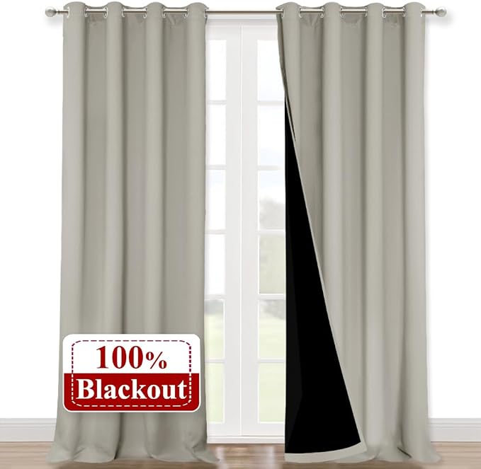 NICETOWN Natural Blackout Curtains for Bedroom 52" w x 102" L 2 Panels | Super Heavy-Duty Black Lined Total Darkness Drapes for Patio Living Room, Noise Reducing Privacy Assured Window Treatment
