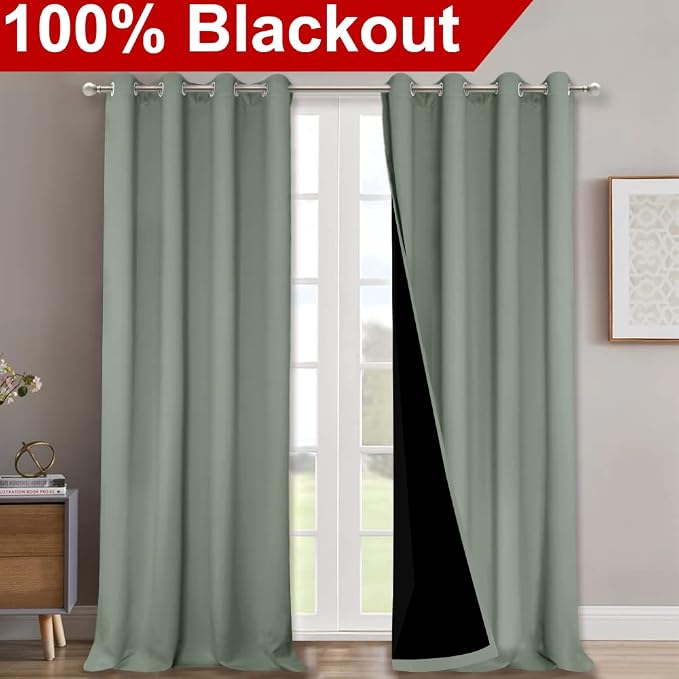 NICETOWN 100% Blackout Window Curtain Panels, Heat and Full Light Blocking Drapes with Black Liner for Nursery, 120" Drop Thermal Insulated Draperies (Greyish Green, 2 Pieces, 52" Wide Each Panel)
