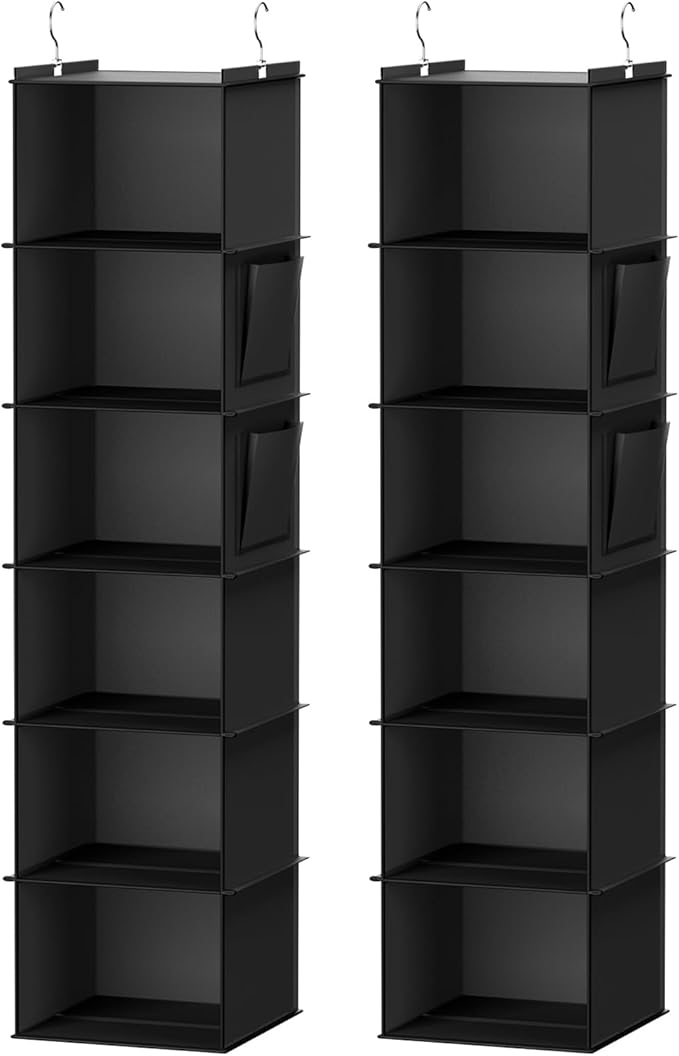 YOUDENOVA Hanging Closet Organizer and Storage, 6-Shelf, 2 Packs, Black | Breathable Fabric, 2 Side Pockets, Clothes Organizer, Hanging Shelves, Closet Storage, College Dorm Room Essentials for Guys