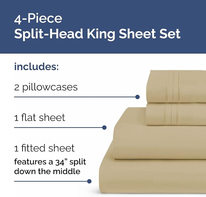 Flex Top Split Head King 4 Piece Sheet Set - Ultra-Soft, Breathable - Beige | Cooling Bed Sheets Set, Hotel Luxury Bedding for Women & Men with Deep Pockets, Wrinkle Free & Fade Resistant, Oeko-Tex