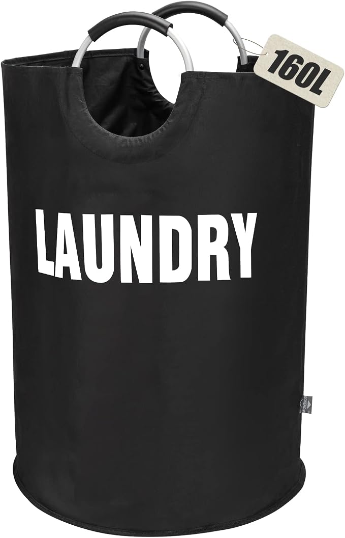 DOKEHOM 160L XX-Large Laundry Basket (7 Colors), Collapsible Laundry Bag, Foldable Laundry Hamper, Folding Washing Bin (Black, XXL) | Freestanding tall washing bin & foldable laundry bag. Extra large clothes storage basket with durable sturdy handles
