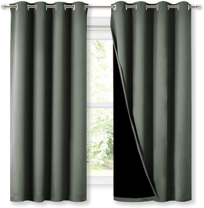 NICETOWN Dark Mallard Blackout Curtains for Kitchen 52" w x 63" L 2 Panels | 100% Room Darkening Lined 2 Thick Layers Completely Room Darkening Window Treatment Thermal Insulated Drapes for Bedroom