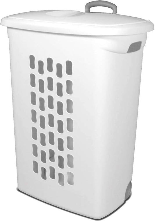 Sterilite Ultra Wheeled Laundry Hamper with Lid, Handle and Wheels for Easy Rolling of Clothes to and from the Laundry Room, Plastic, White, 1-Pack, Portable
