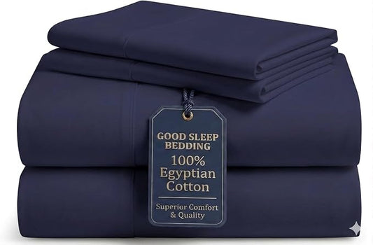 Good Sleep Bedding 100% Egyptian Cotton Queen Size Bed Sheets, 4 Piece Silky Sateen Weave, Queen Size Sheets, Ultra-Soft & Durable Hotel Luxury, 16" Deep Pocket Queen Sheet Set - Navy Blue