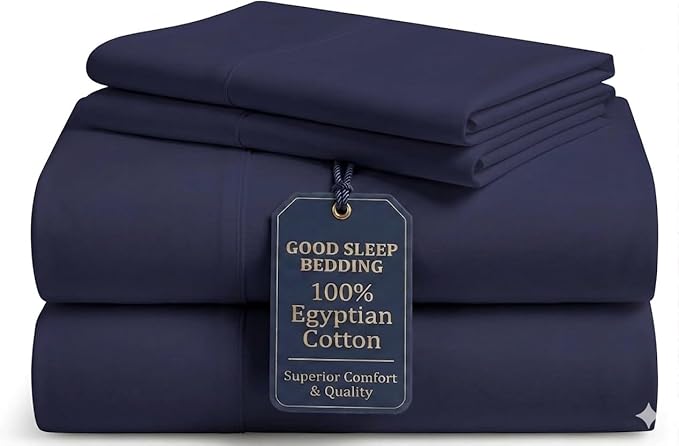 Good Sleep Bedding California King Sheets, 4 Piece, 100% Egyptian Cotton Cal King Sheets, Sateen Weave Bed Sheets, Ultra-Soft, 16" California King Sheet Sets Deep Pocket - Navy Blue