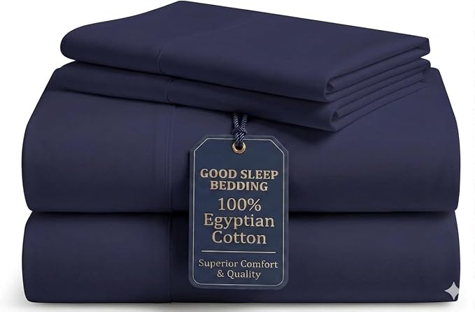 Good Sleep Bedding 100% Egyptian Cotton Bed Sheets King Size, 4 Piece Silky Sateen Weave King Bed Sheets, Ultra-Soft & Durable Hotel Luxury, 16" King Sheets Deep Pocket - Navy Blue