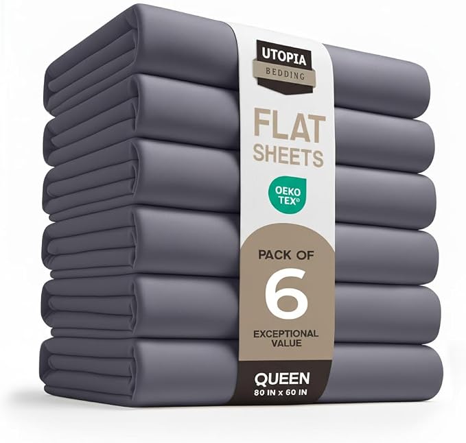 Queen Size Flat Sheet Only Pack of 6, Ultra Soft Hotel Sheets, Grey | Hotel Bedding, Cooling Comfort, Smooth Feel, Wrinkle & Fade Resistant, Easy Care, Long-Lasting, Machine Washable, OEKO-TEX