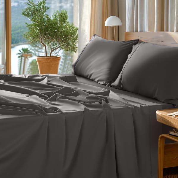 SONORO KATE 1000 Series 100% Egyptian Cotton Full Sheet Set,4 Pieces | Soft,Breathable Long Staple,Sateen Weave,Luxury 5-Star Hotel Bed Sheets,16" Deep Pocket,Dark Grey