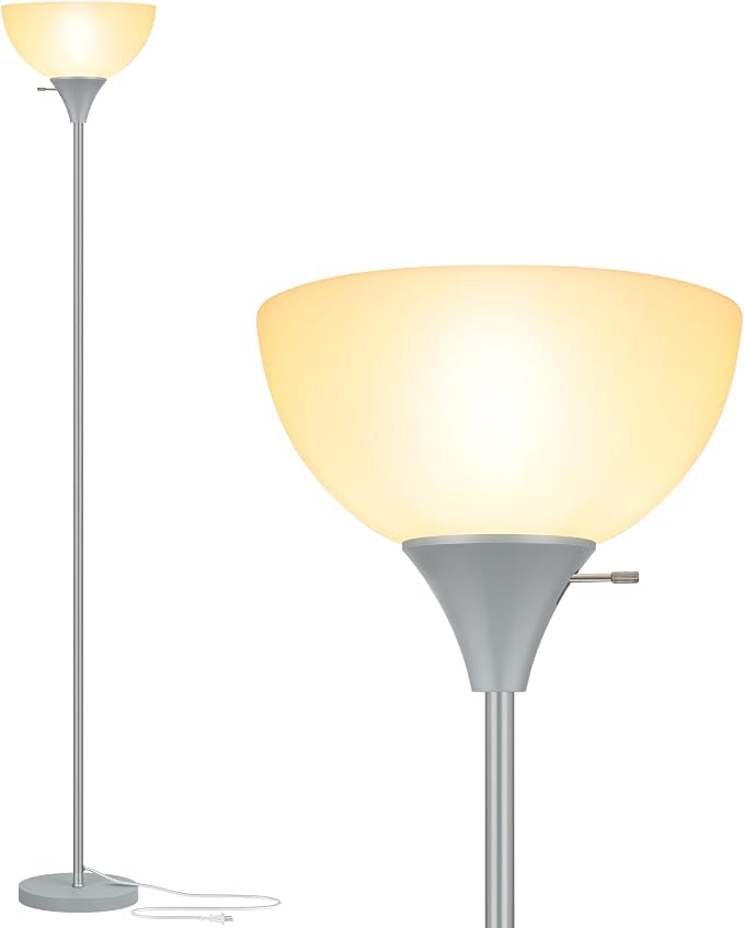 Coucrek Floor Lamp, LED Standing Lamps with White Plastic Shade, Corner Floor Lights for Living Room Bedroom, Rotary Switch, Bulb not Included, Grey