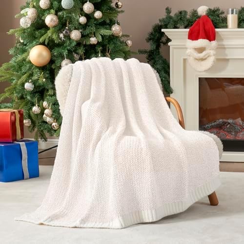Snuggle Sac Buttery Ivory Throw Blanket for Couch, Reversible Super Soft Knitted Blankets, Warm Cozy Knit Fuzzy Plush Lightweight Throws Dupes for Sofa, Bed, Picnic, Ivory, 50 x 60 inches (Pack of 2)