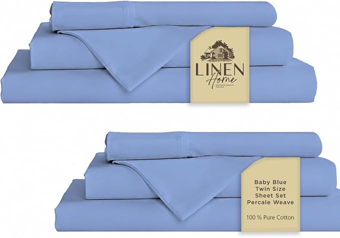 Linen Home 100% Cotton Percale Sheets Full Size Pack of 2, Baby Blue, Deep Pocket, 8 Pieces Set- 2 Flat, 2 Fitted and 4 Pillowcases, Crisp Cool and Long Staple Strong Bed Linen