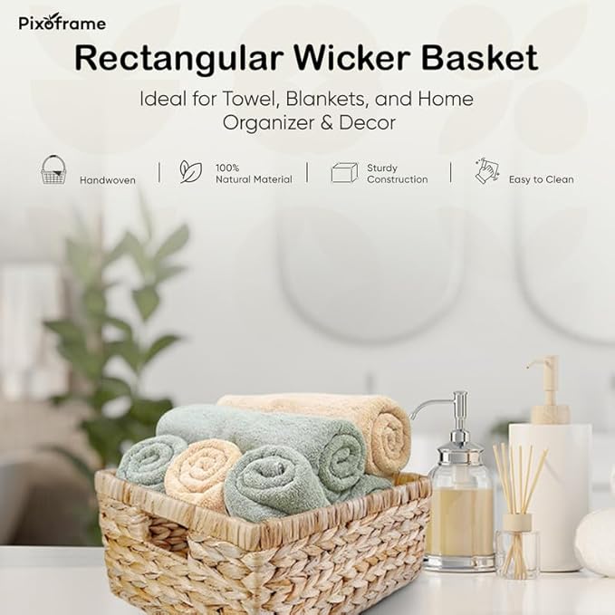 Large Handwoven Water Hyacinth Storage Wicker Basket with 2 Handles - Brown | Handcrafted Rectangular Organizer, Sturdy Iron Frame, Ideal for Towels, Blankets, Shelves & Décor - 15"x 11"x6.75"