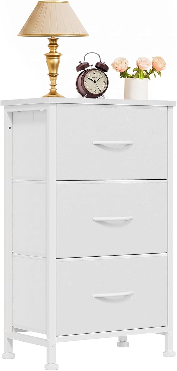 3 Drawers Dresser for Bedroom Fabric Storage Tower with Wooden Top | Steel Frame Chest of Drawers for Closet Entryway Dorm and Small Spaces, White