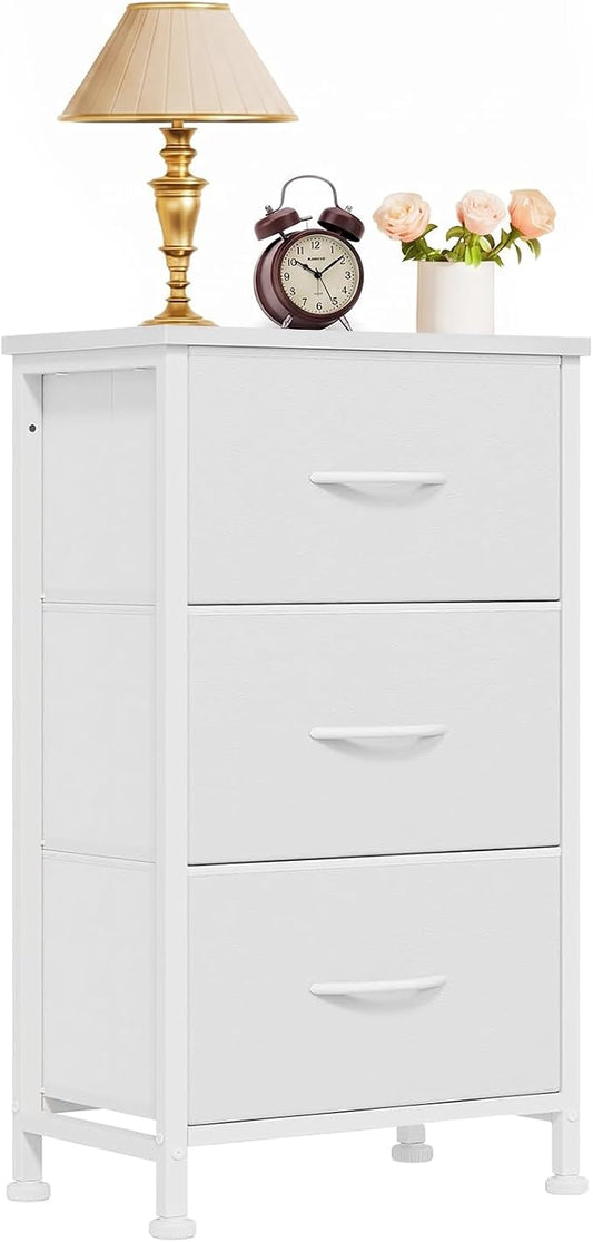 3 Drawers Dresser for Bedroom Fabric Storage Tower with Wooden Top | Steel Frame Chest of Drawers for Closet Entryway Dorm and Small Spaces, White