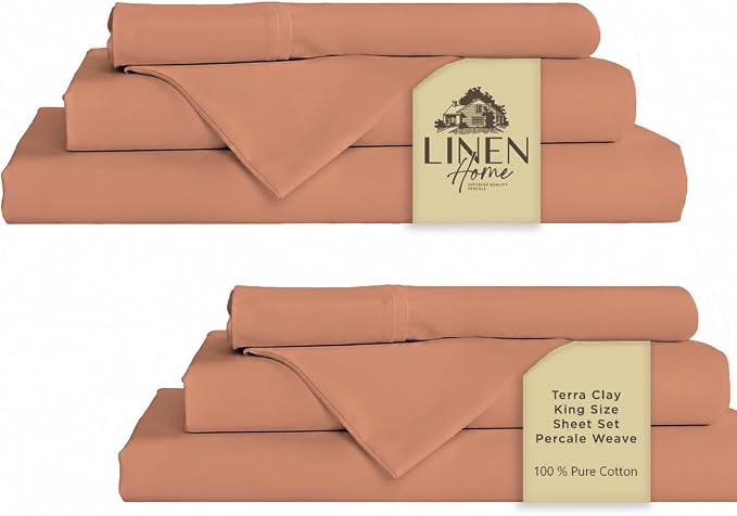 Linen Home 2-Pack King Sheet Set, 100% Cotton Percale Bedding, 8-Piece Value Bundle, Deep Pocket Cooling Bed Sheets for Hot Sleepers, Breathable & Crisp Hotel Quality, Long-Staple Cotton, Tera Clay