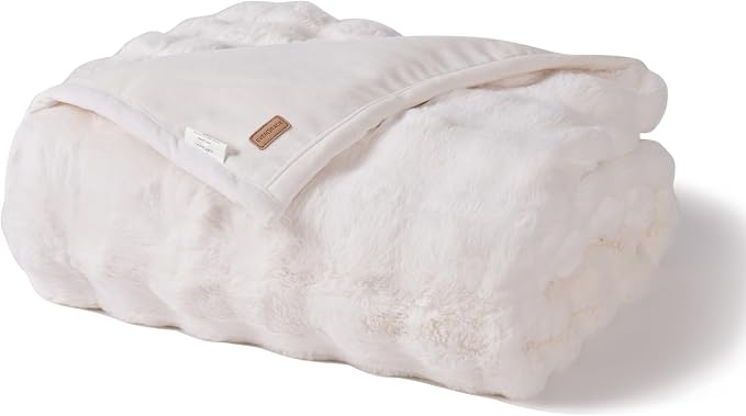 EverGrace Faux Rabbit Fur Bubble Throw Blanket, 50"x60", Ivory White | Ultra Soft, Luxury Faux Rabbit Fur Throw, Thick Warm Bubble Blanket, Cozy Fluffy Reversible, for Bed, Couch, Chair, Sofa
