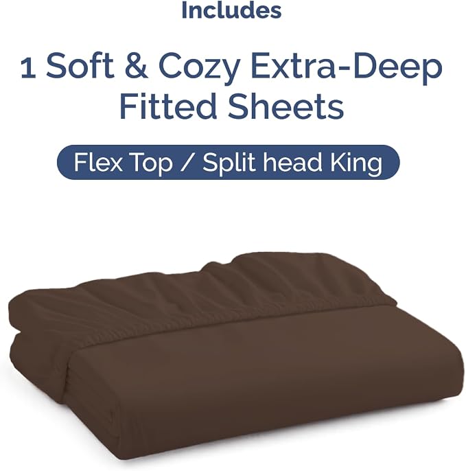 Extra Deep Flex Top Split Head King Fitted Sheet Only - Brown | Easily Fits 18 inch to 24 inch Mattress, Soft, Wrinkle Free, Breathable & Comfy, Extra Deep Pockets Hotel Luxury Fitted Sheet