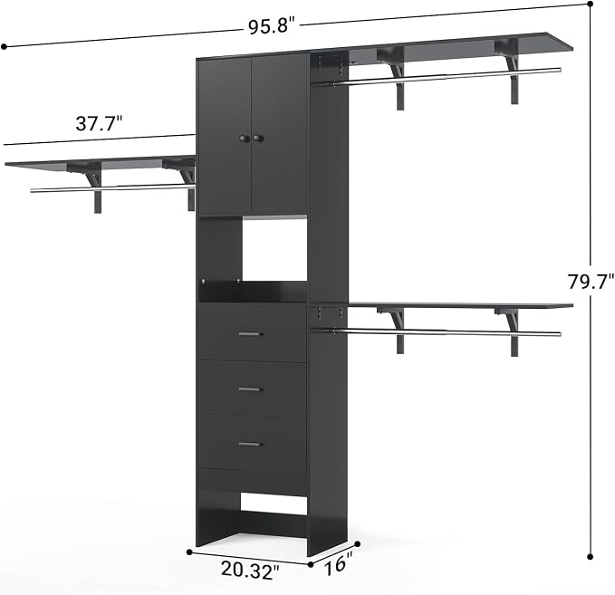 Armocity 96 Inches Closet System with Doors, 8FT Walk In Closet Organizer with 3 Shelving Towers, Heavy Duty Clothes Garment Rack with 3 Wood Drawers, 96" L x 16" W x 80" H, Max Load 1000 LBS, Black