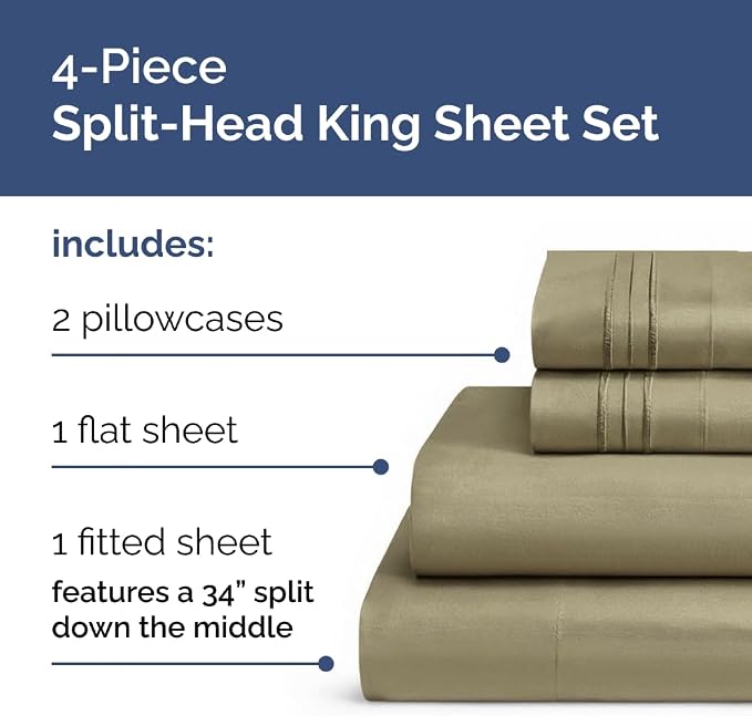 Flex Top Split Head King 4 Piece Sheet Set - Ultra-Soft, Breathable - Khaki | Cooling Bed Sheets Set, Hotel Luxury Bedding for Women & Men with Deep Pockets, Wrinkle Free & Fade Resistant, Oeko-Tex