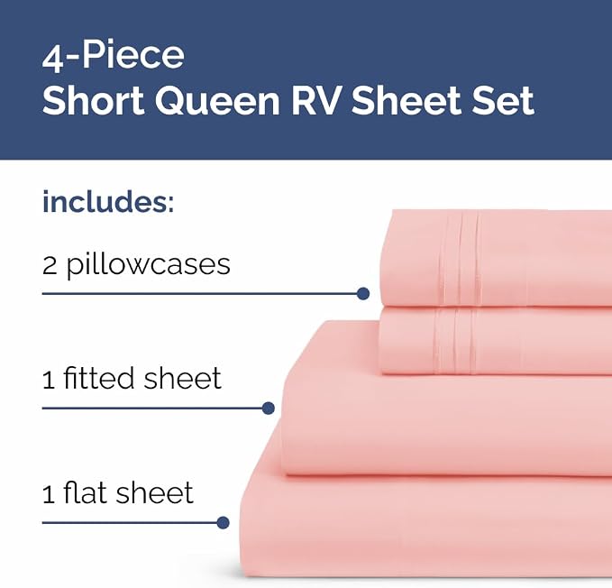 Short Queen Size 4 Piece Bed Sheet Set - RV Short Queen Sheets - Baby Pink | Ultra-Soft, Breathable & Cooling Bed Sheets Set with Deep Pockets, Hotel Luxury Bedding for Women & Men, Wrinkle & Fade Free