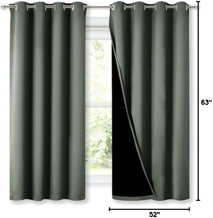 NICETOWN Dark Mallard Blackout Curtains for Kitchen 52" w x 63" L 2 Panels | 100% Room Darkening Lined 2 Thick Layers Completely Room Darkening Window Treatment Thermal Insulated Drapes for Bedroom