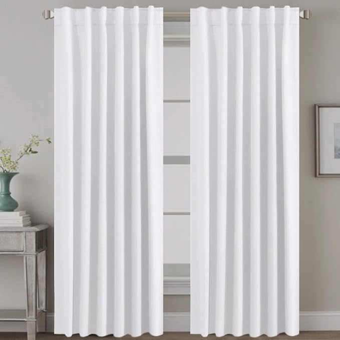 H.VERSAILTEX Back Tab White Curtains 90 Inch Long for Living Room, Rod Pocket Room Darkening Thermal Insulated Light Blocking Drapes, 52 x 90 Inch, 2 Panels