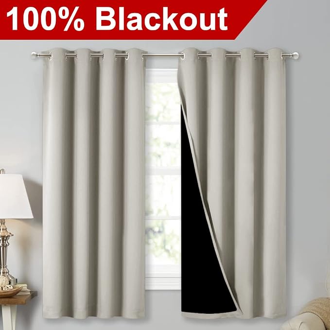 NICETOWN Natural Blackout Curtains for Kitchen 52" Wide x 63" Long 2 Panels | 100% Blackout Lined 2 Thick Layers Completely Blackout Window Treatment Thermal Insulated Drapes for Bedroom Living Room