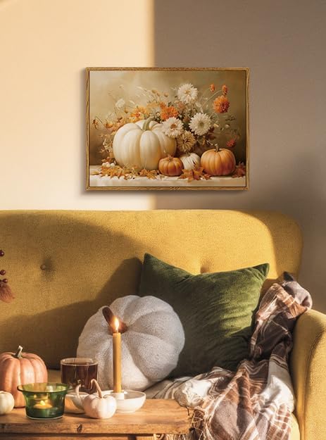 Vintage Thanksgiving Canvas Print White Orange Pumpkins Autumn Floral Leaves, Rustic Framed Fall Pumpkin Flower Still Life Wall Art 12x16", Harvest Farmhouse Kitchen Entryway Décor