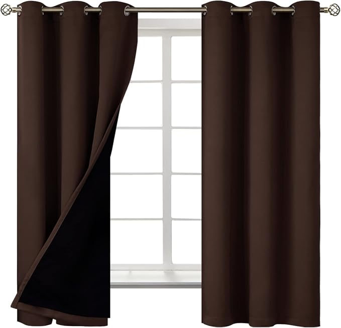 BGment Thermal Insulated 100% Blackout Curtains for Bedroom with Black Liner, Double Layer Full Room Darkening Noise Reducing Grommet Curtain (42 x 63 Inch, Brown, 2 Panels)