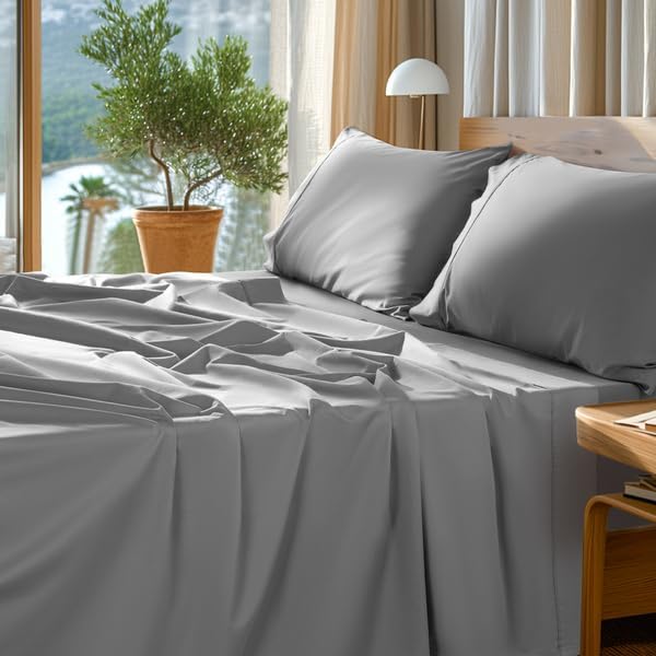 SONORO KATE 1000 Series 100% Egyptian Cotton Cal King Sheet Set,4 Pieces | Soft,Breathable Long Staple,Sateen Weave,Luxury 5-Star Hotel Bed Sheets,16" Deep Pocket,Grey
