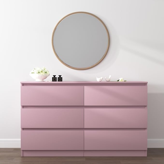 Vibe & Dine 6 Drawer Double Dresser, Modern Chest of Drawers with Wide Storage for Closet, Bedroom, Living Room, Pink