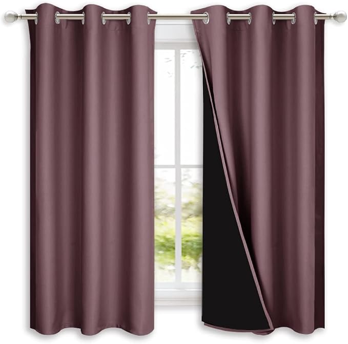 NICETOWN 100% Blackout Short Curtains with Black Liners, 2 Panels, 37" W by 40" L, Dry Rose, Solid Thermal Insulated Full Blackout 2-Layer Lined Drapes, Energy Efficiency Window Draperies for Bedroom