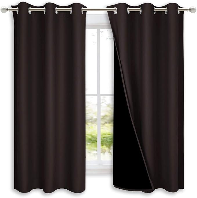 NICETOWN 100% Blackout Short Curtains with Black Liners, 2 Panels, 37" W by 40" L, Toffee Brown, Solid Thermal Insulated Full Blackout 2-Layer Lined Drapes, Energy Efficiency Window Drapes for Bedroom