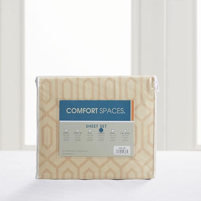Comfort Spaces 100% Cotton Percale Sheets King Sheet Set 4 Pcs, Diamond Tan | Crisp, Cool & Breathable Bed Sheets, 14" Deep Pocket Fits Up to 16" Mattress, Lightweight, All Season Cozy, with Pillow Case
