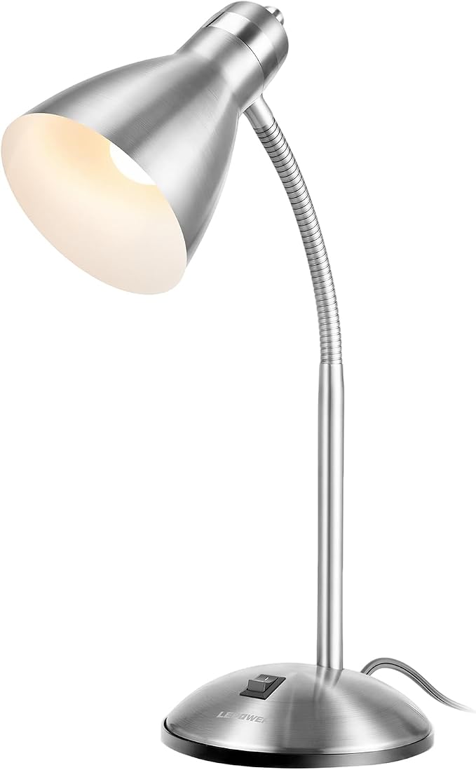 LEPOWER Metal Desk Lamp, Adjustable GooseNeck Reading Light for Bedroom | Compact & Sturdy, Space-Saving for Bedside & Dorm, E26 Table Lamp, Eye-Caring, Ideal for Study, Office, Back to School