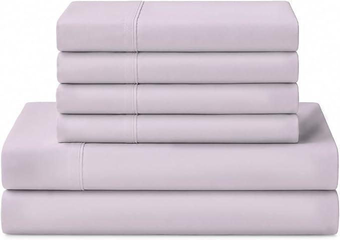 Linen Home 100% Cotton Percale Sheets Queen Size, Iris Lilac, Deep Pocket, 6 Pieces Set- 1 Flat, 1 Fitted and 4 Pillowcases, Crisp Cool and Long Staple Strong Bed Linen