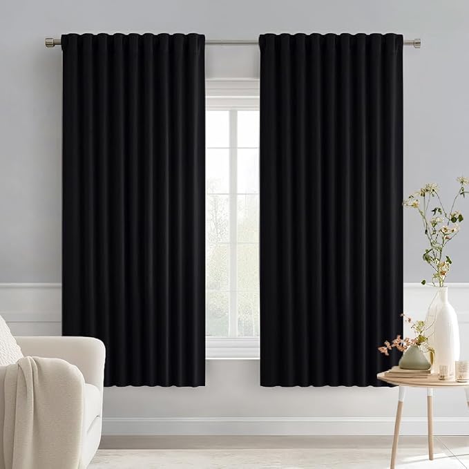 MIULEE Black Back Tab Blackout Curtains 52x63 Inches Long 2 Panels Set | Rod Pocket Pinch Pleated, Thermal Insulated, Room Darkening, Light Blocking Drape, Halloween Curtains for Living Room Bedroom